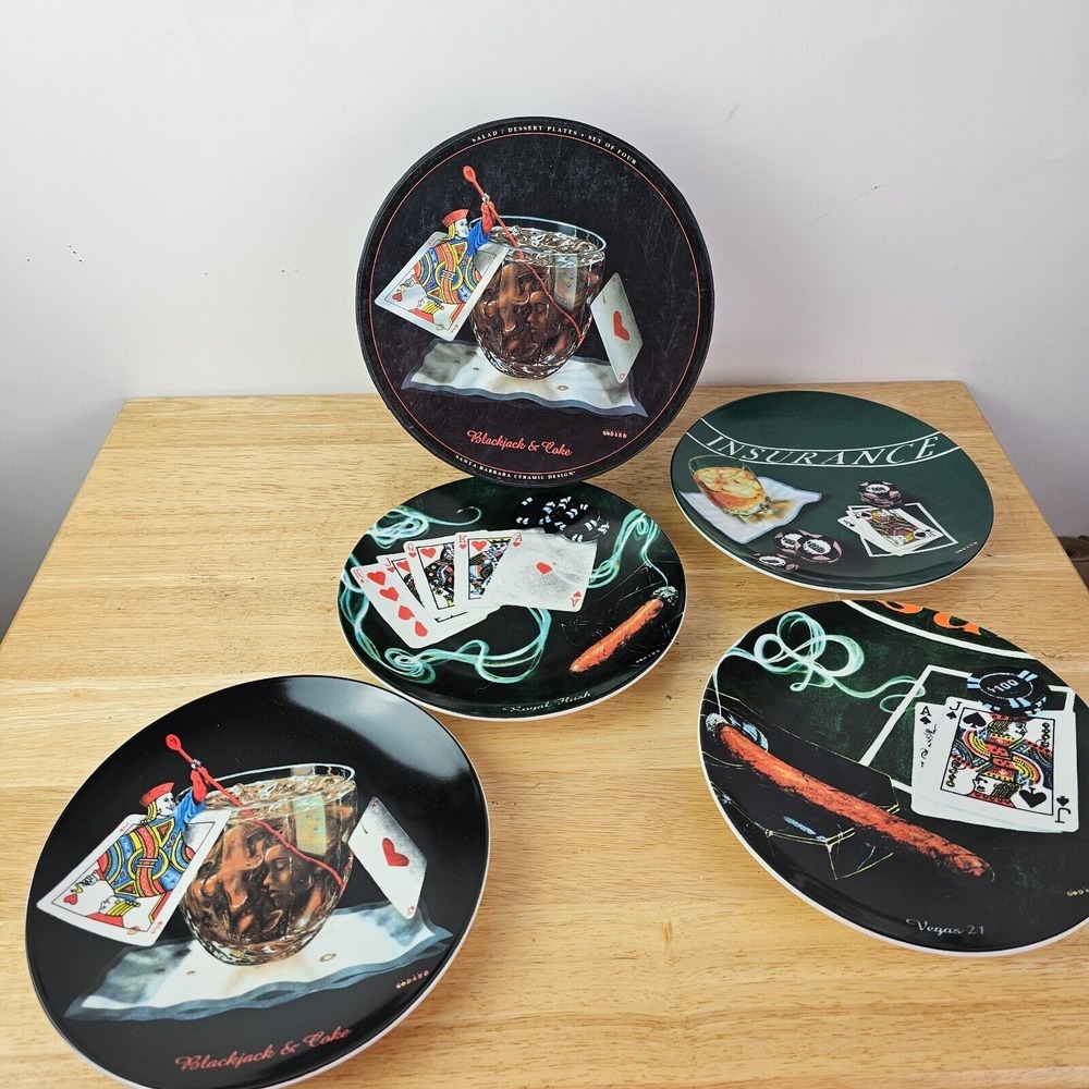Michael Godard Santa Barbara Set of 4 Salad Dessert Plates Poker Night Cocktails